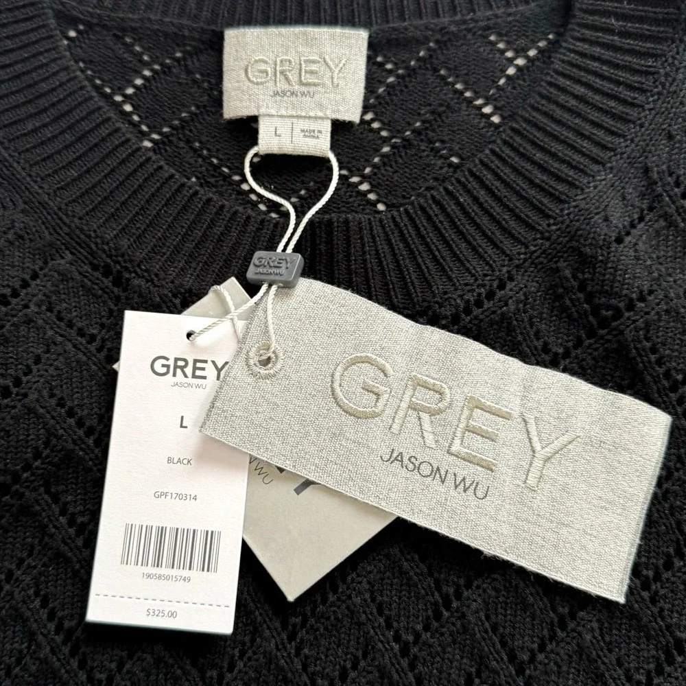 GREY Jason Wu Women's Sweater Large Black Open Knit Long Sleeve Cropped‎ Top